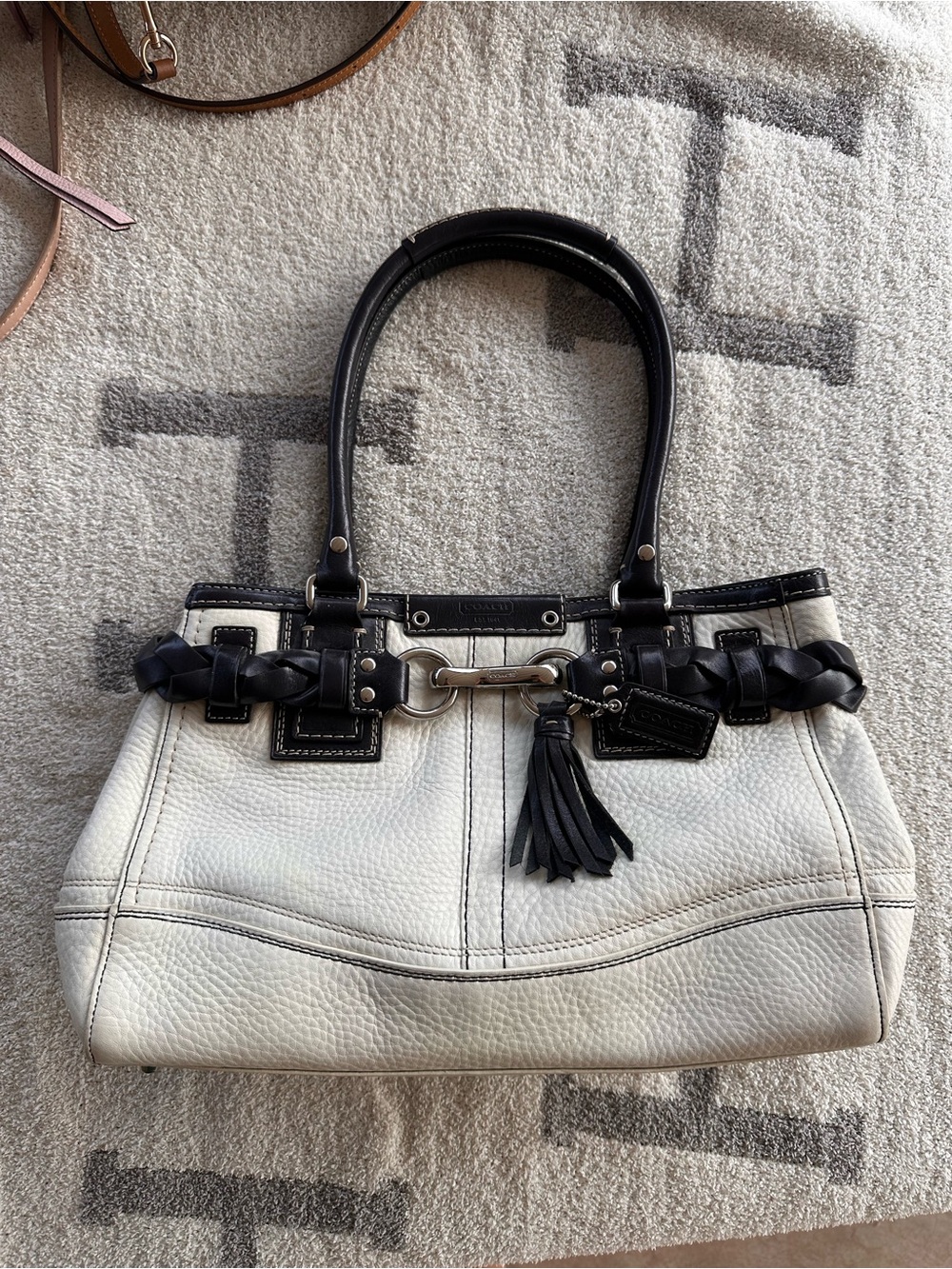 Coach White Leather Tote with Black Trim and Braided Accent - Picture 8 of 11